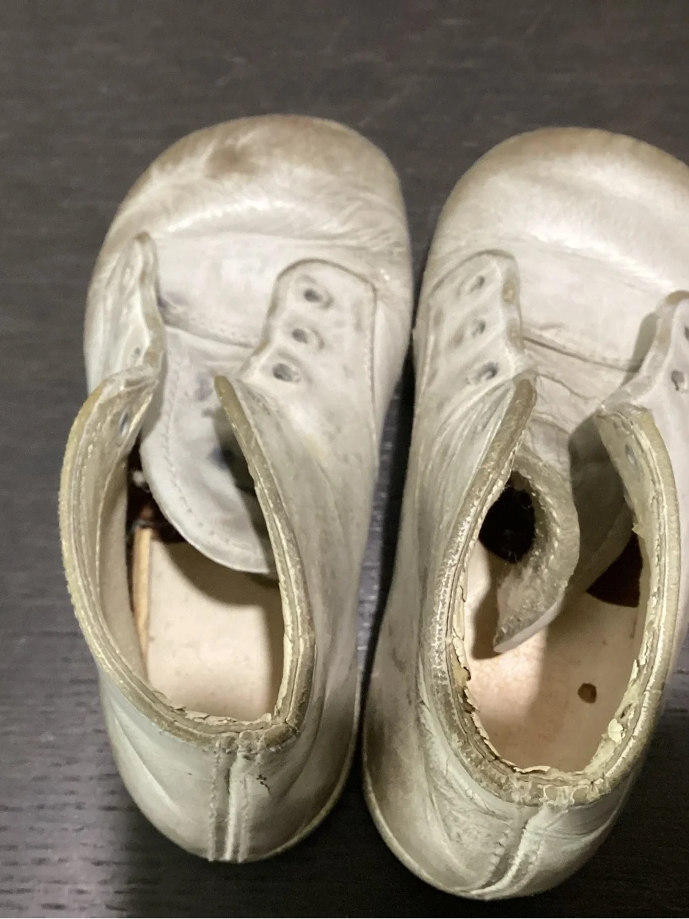 Vtg. Gertrude’s white leather baby shoes, Pro-tea-Tim Crib Shoe. 60-75Yrs old
